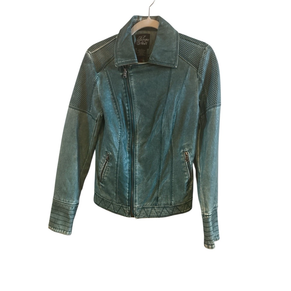 Blanc Noir Teal Vegan Leather Woman's ‎ Medium Zip Front Moto Jacket Grunge